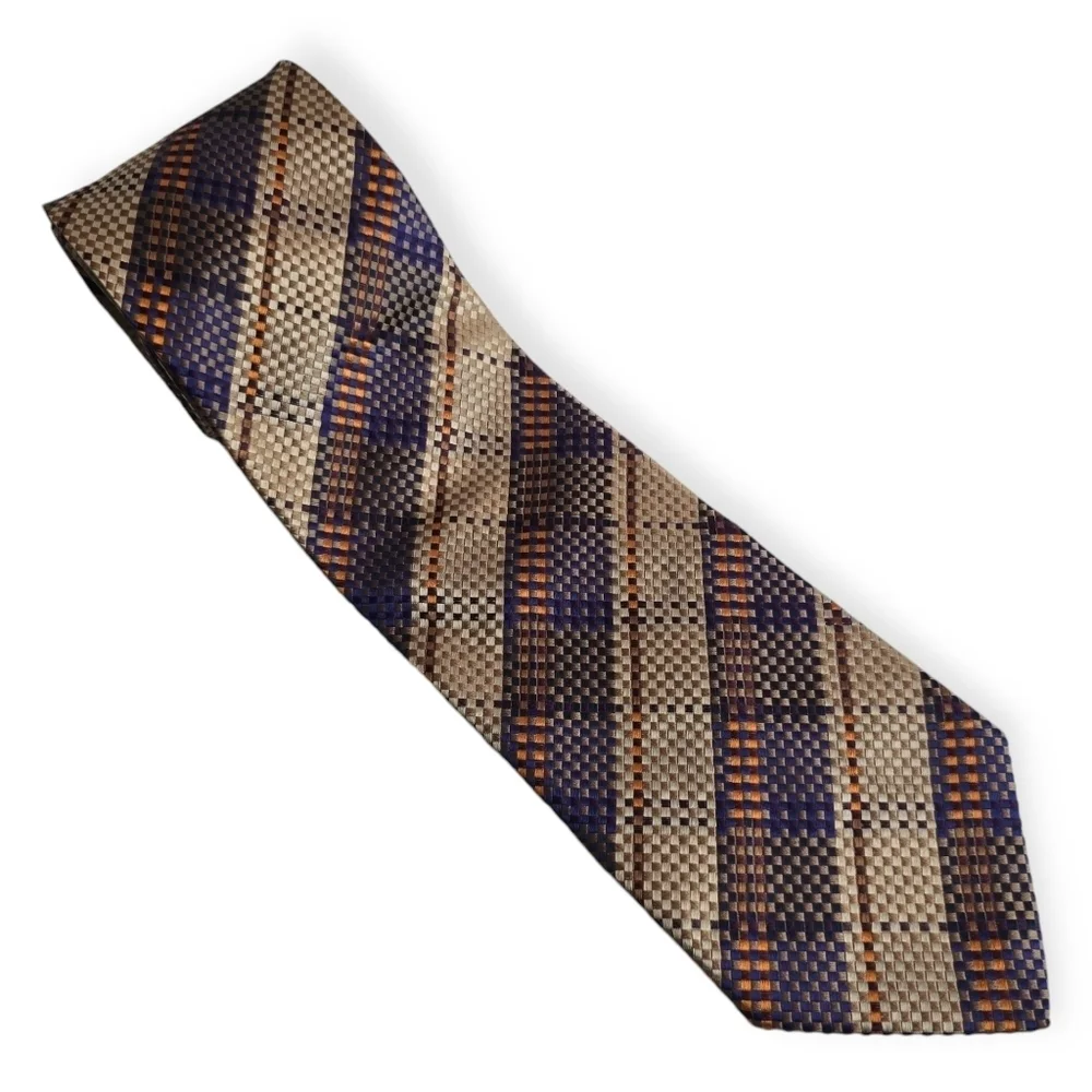 RODA Silk Men's Repp Tie Woven Striped Handmade In Italy Tan Blue 61